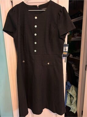 Andrew Marc Black Short-Sleeve A-Line Dress with Accent Buttons